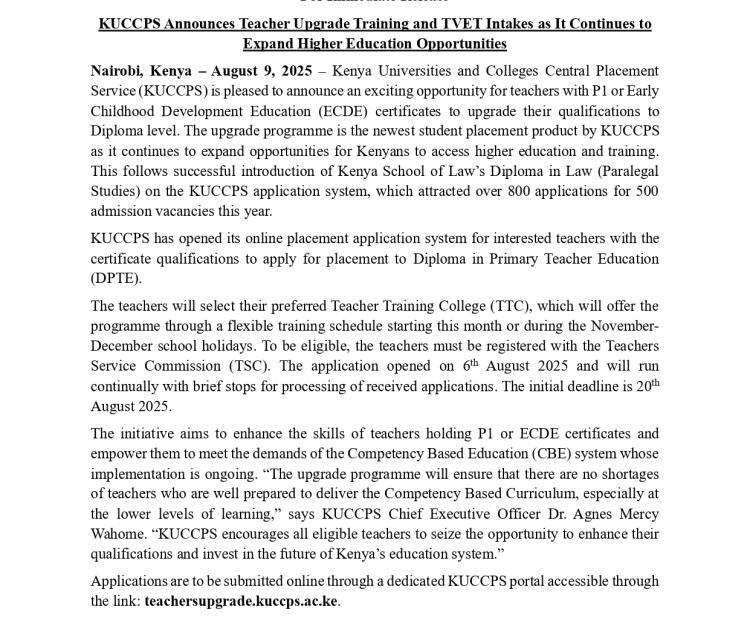 Teacher Upgrade Training and TVET intake