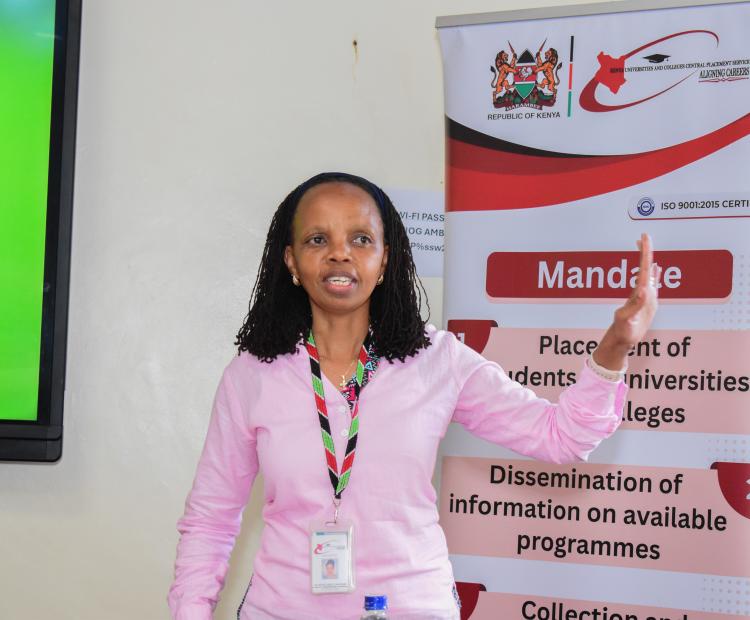 KUCCPS CEO Dr. Agnes Mercy Wahome address a media sensitisation workshop in Naivasha on August 21, 2026.