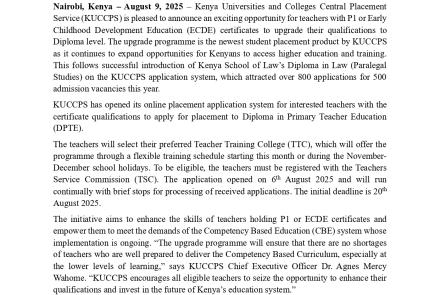 Teacher Upgrade Training and TVET intake