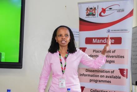 KUCCPS CEO Dr. Agnes Mercy Wahome address a media sensitisation workshop in Naivasha on August 21, 2026.